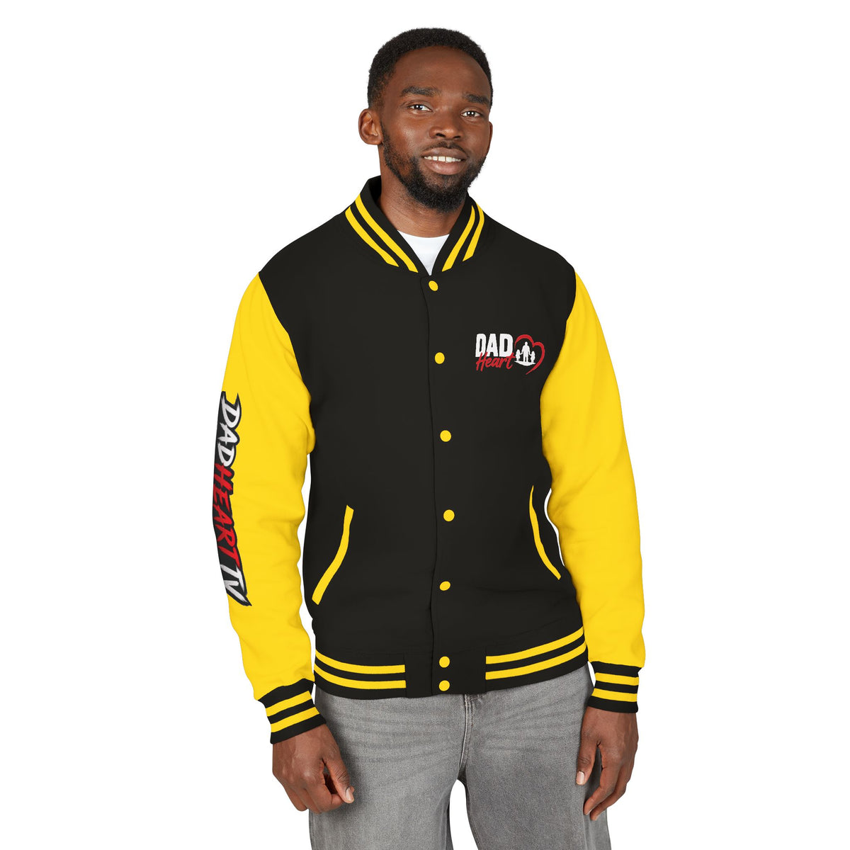 Letterman Jacket — 'Dad' Retro Heart Emblem & Gothic Family Crest Back Design