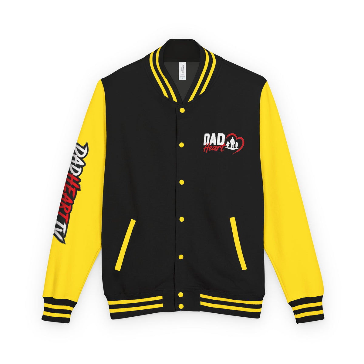 Letterman Jacket — 'Dad' Retro Heart Emblem & Gothic Family Crest Back Design