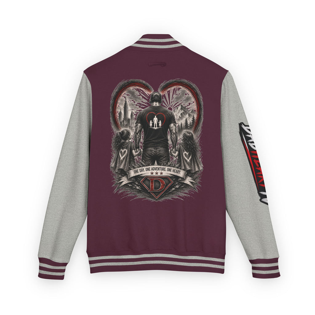 Letterman Jacket — 'Dad' Retro Heart Emblem & Gothic Family Crest Back Design