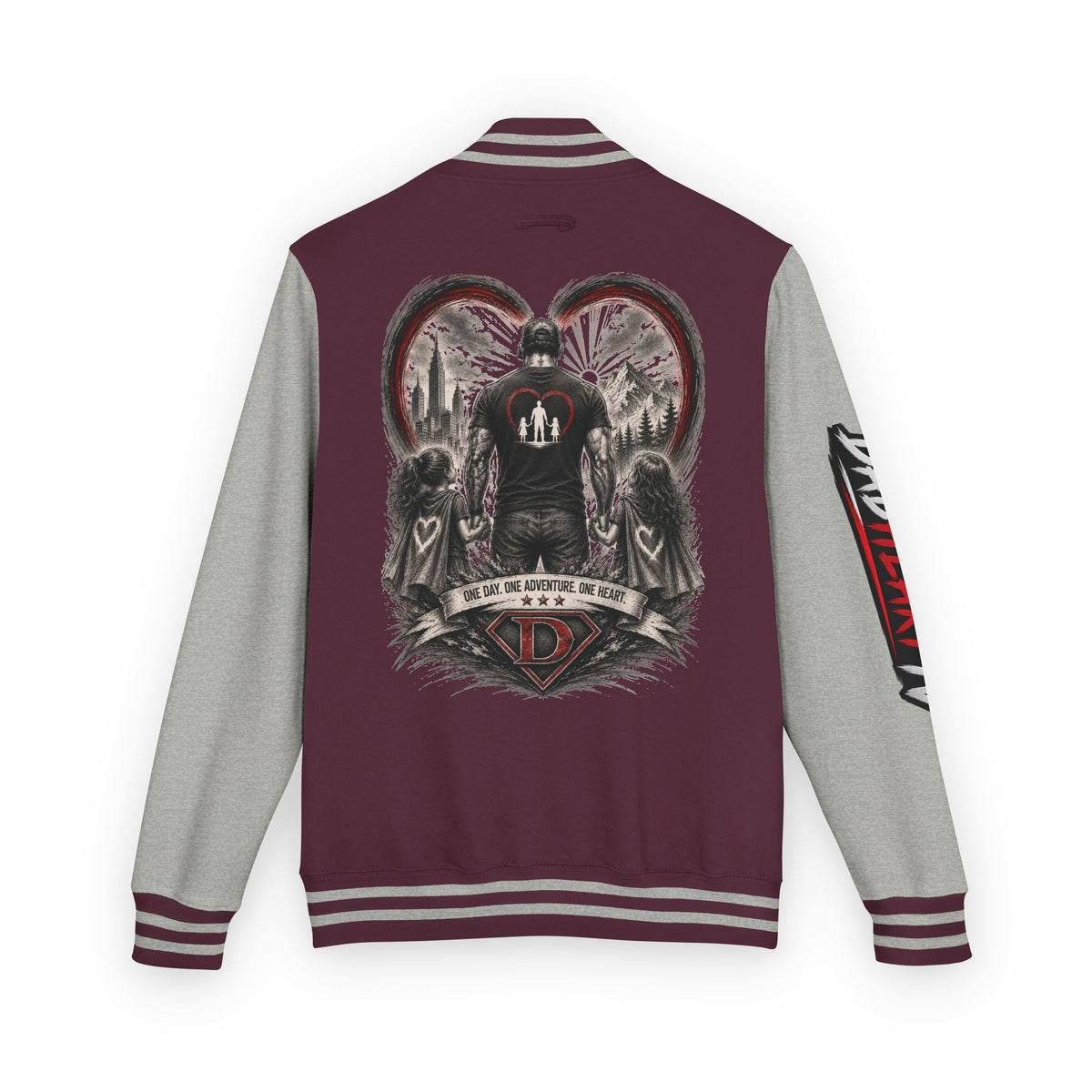 Letterman Jacket — 'Dad' Retro Heart Emblem & Gothic Family Crest Back Design