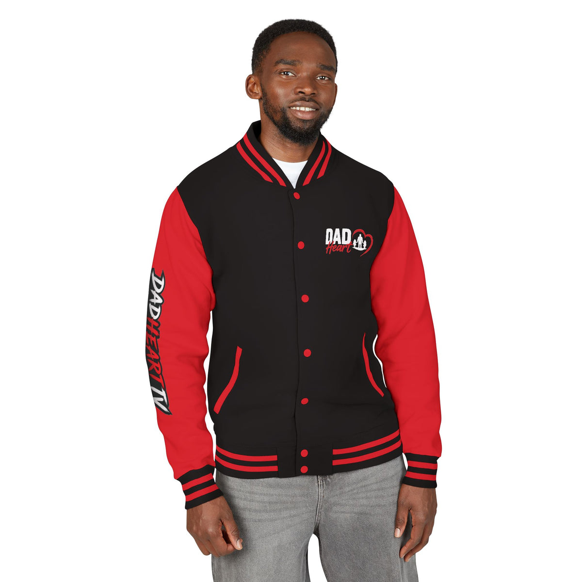 Letterman Jacket — 'Dad' Retro Heart Emblem & Gothic Family Crest Back Design