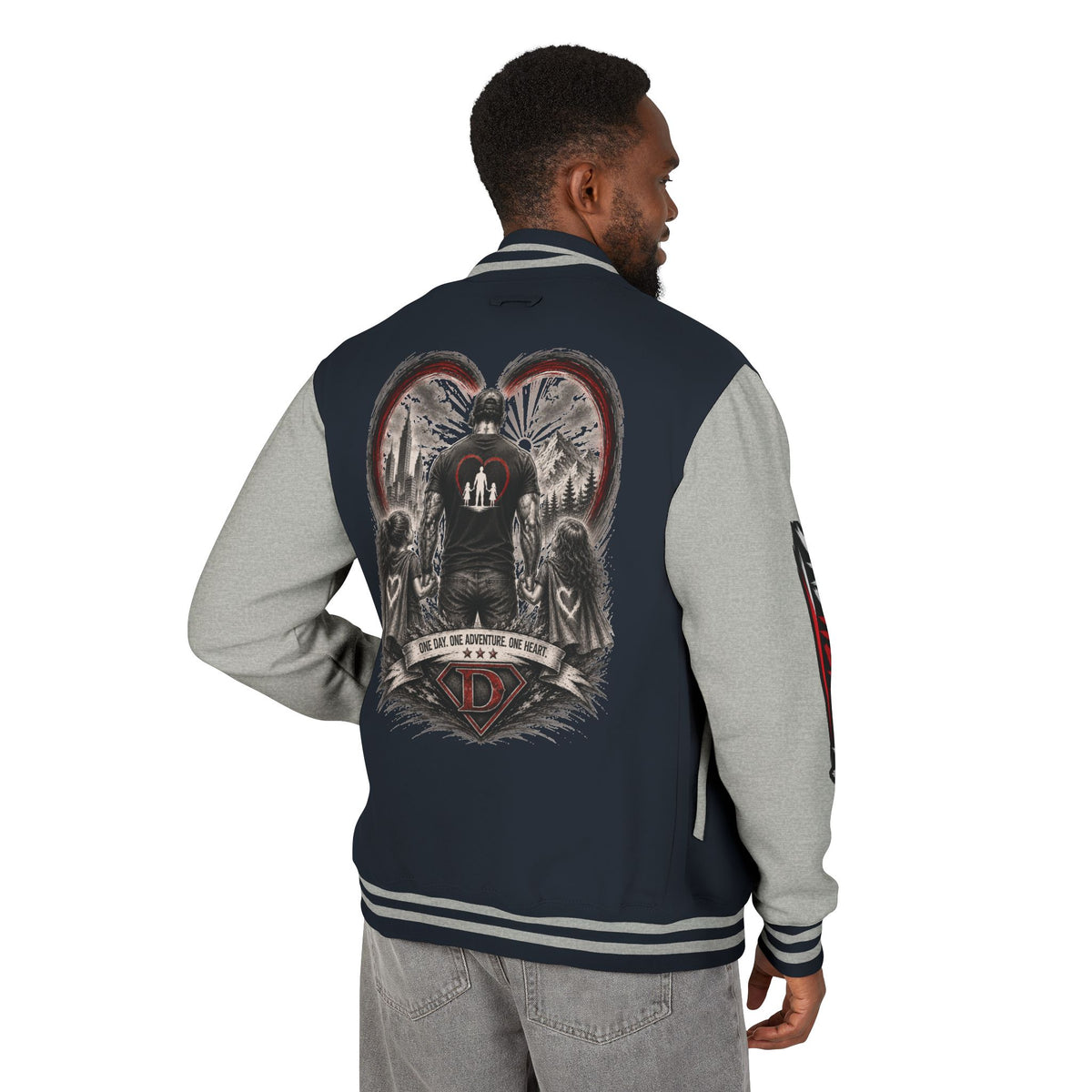 Letterman Jacket — 'Dad' Retro Heart Emblem & Gothic Family Crest Back Design