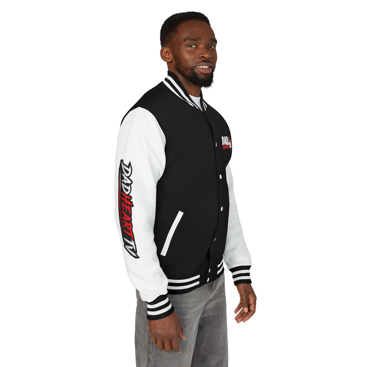 Letterman Jacket — 'Dad' Retro Heart Emblem & Gothic Family Crest Back Design
