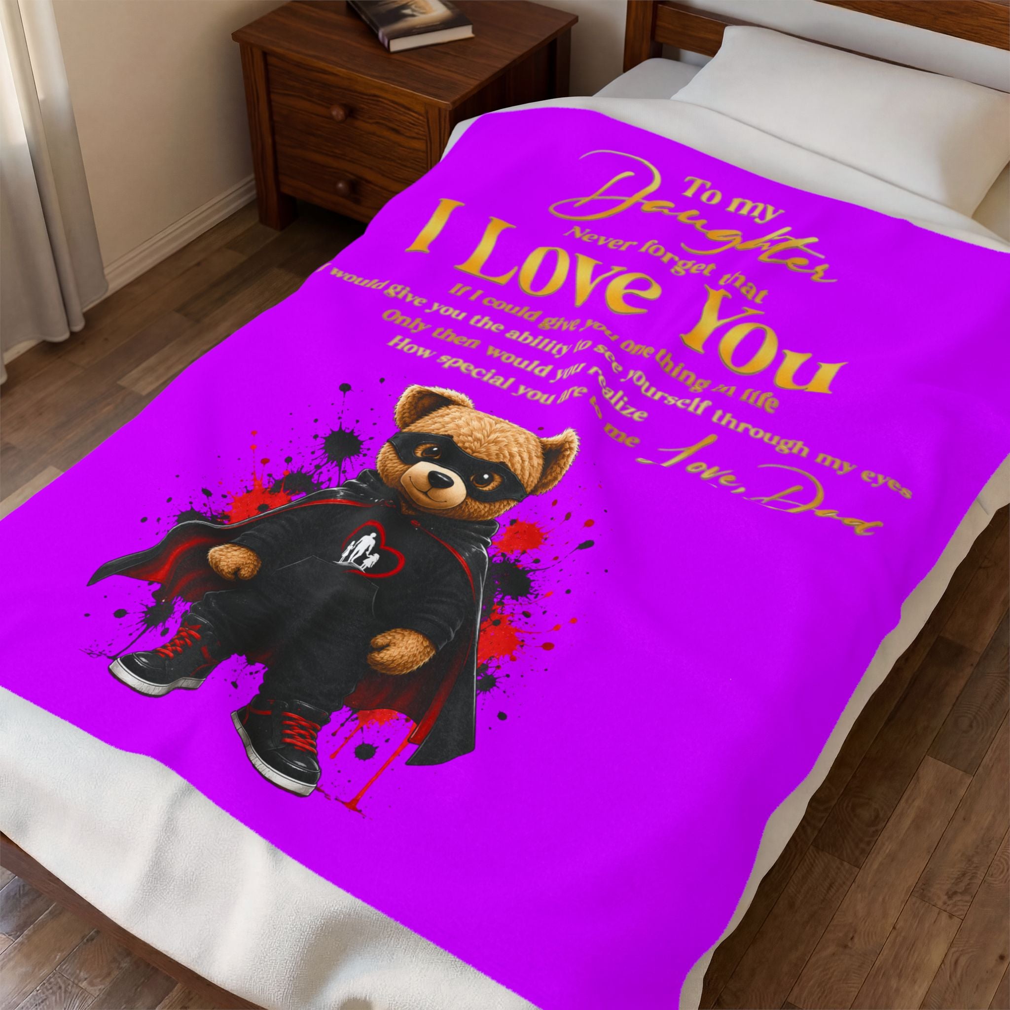 Daughter I Love You Plush Blanket – Superhero Teddy Velveteen Throw