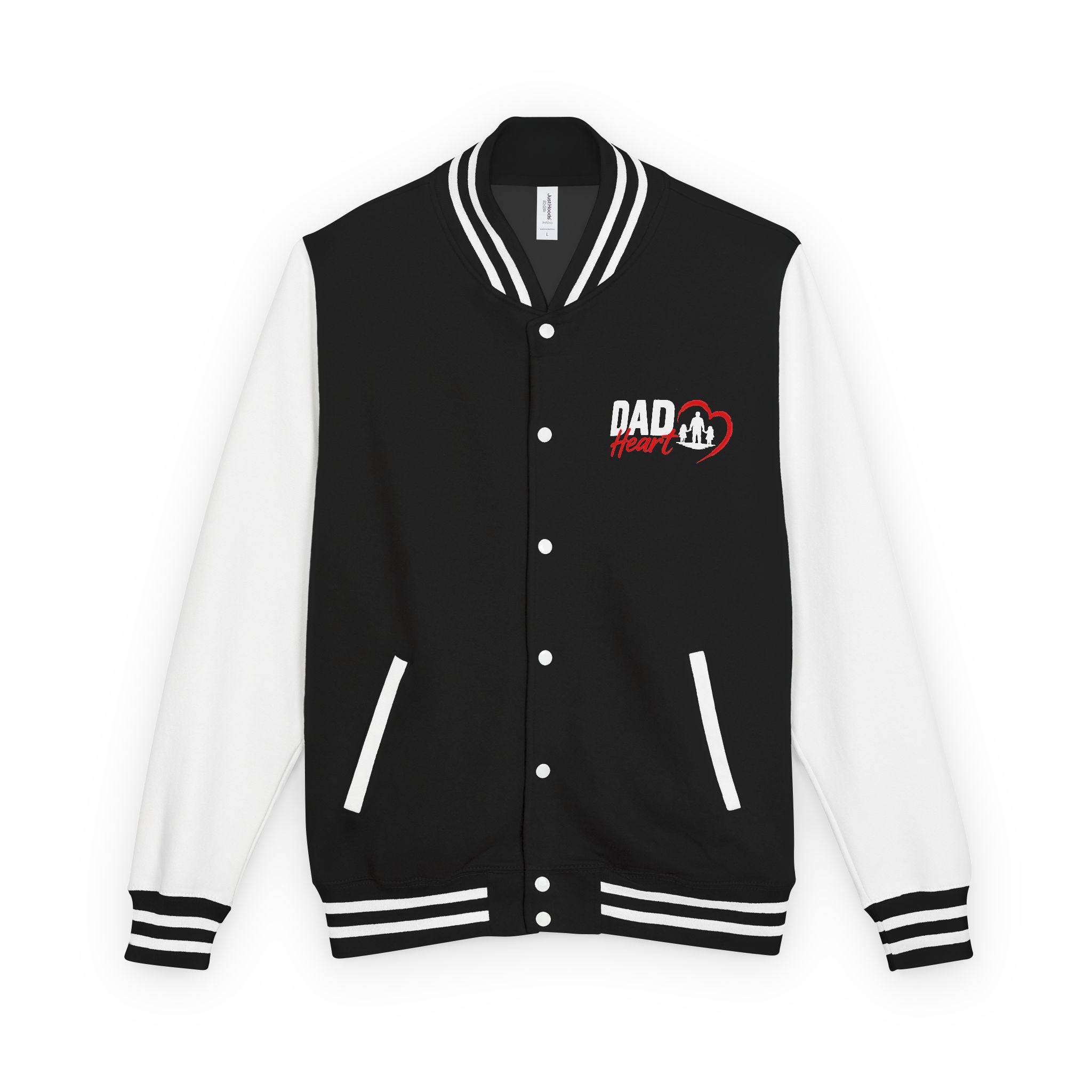 Letterman Jacket — 'Dad' Retro Heart Emblem & Gothic Family Crest Back Design
