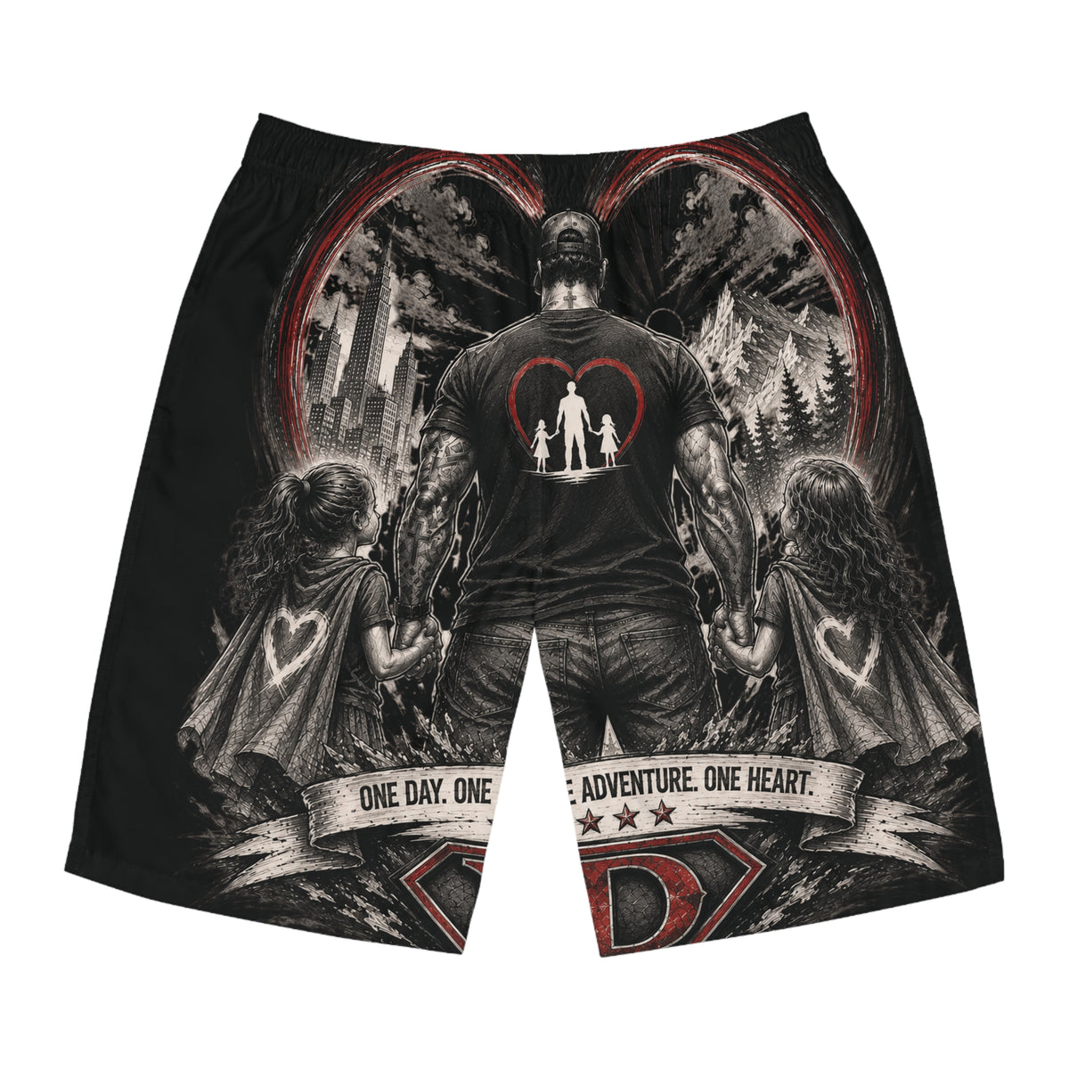 Dad Heart Board Shorts — Father & Kids Adventure Swim Trunks