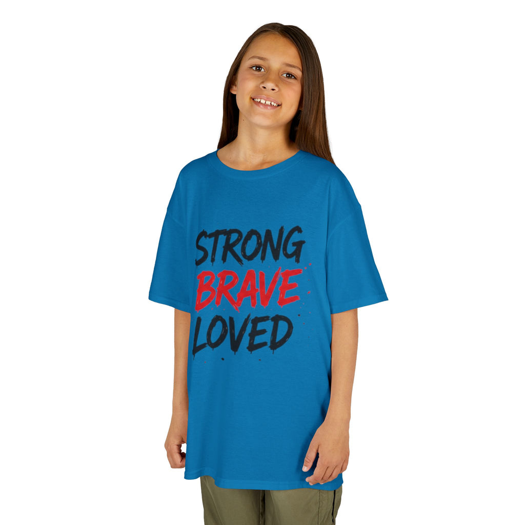 Kids Tee — "Strong Brave Loved" Front & "Future Legend" Superhero Back