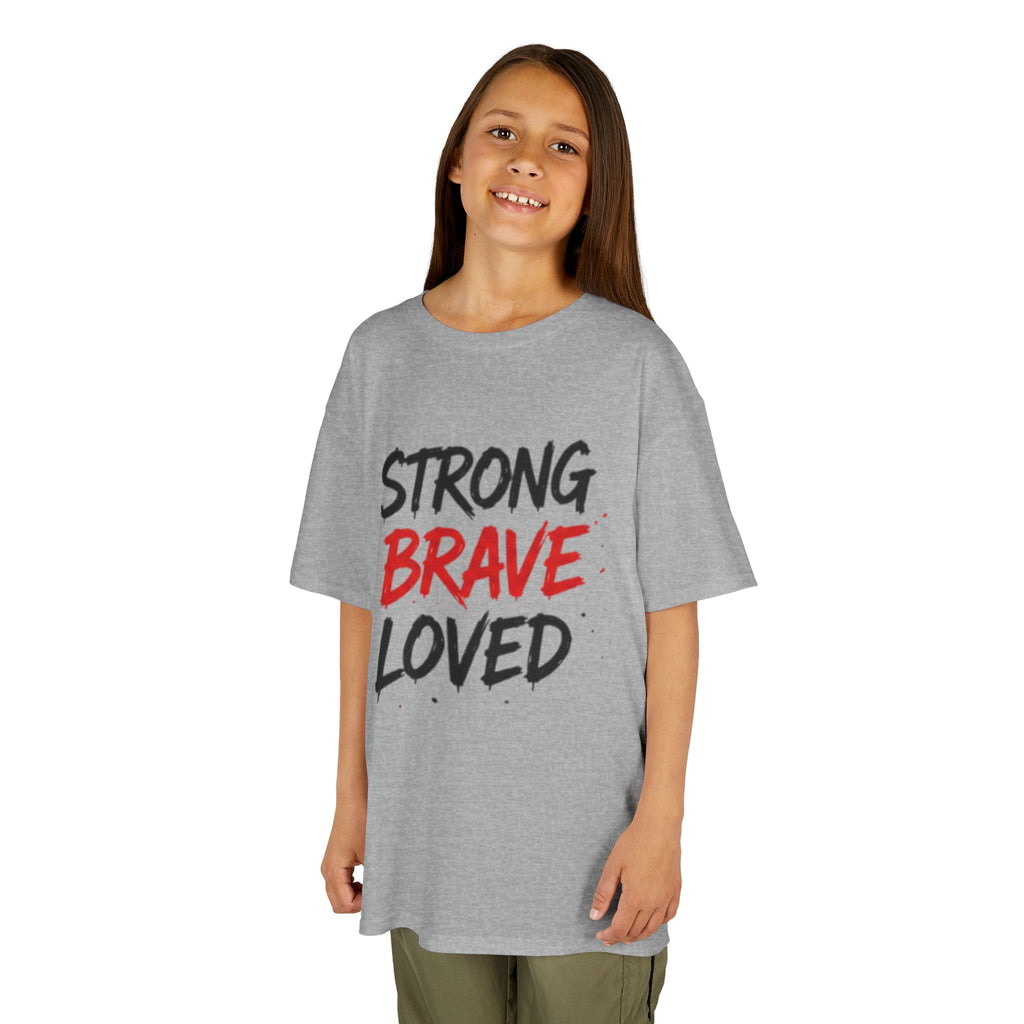 Kids Tee — "Strong Brave Loved" Front & "Future Legend" Superhero Back