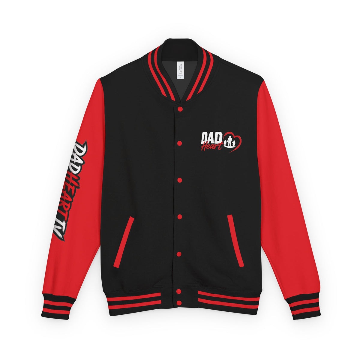 Letterman Jacket — 'Dad' Retro Heart Emblem & Gothic Family Crest Back Design