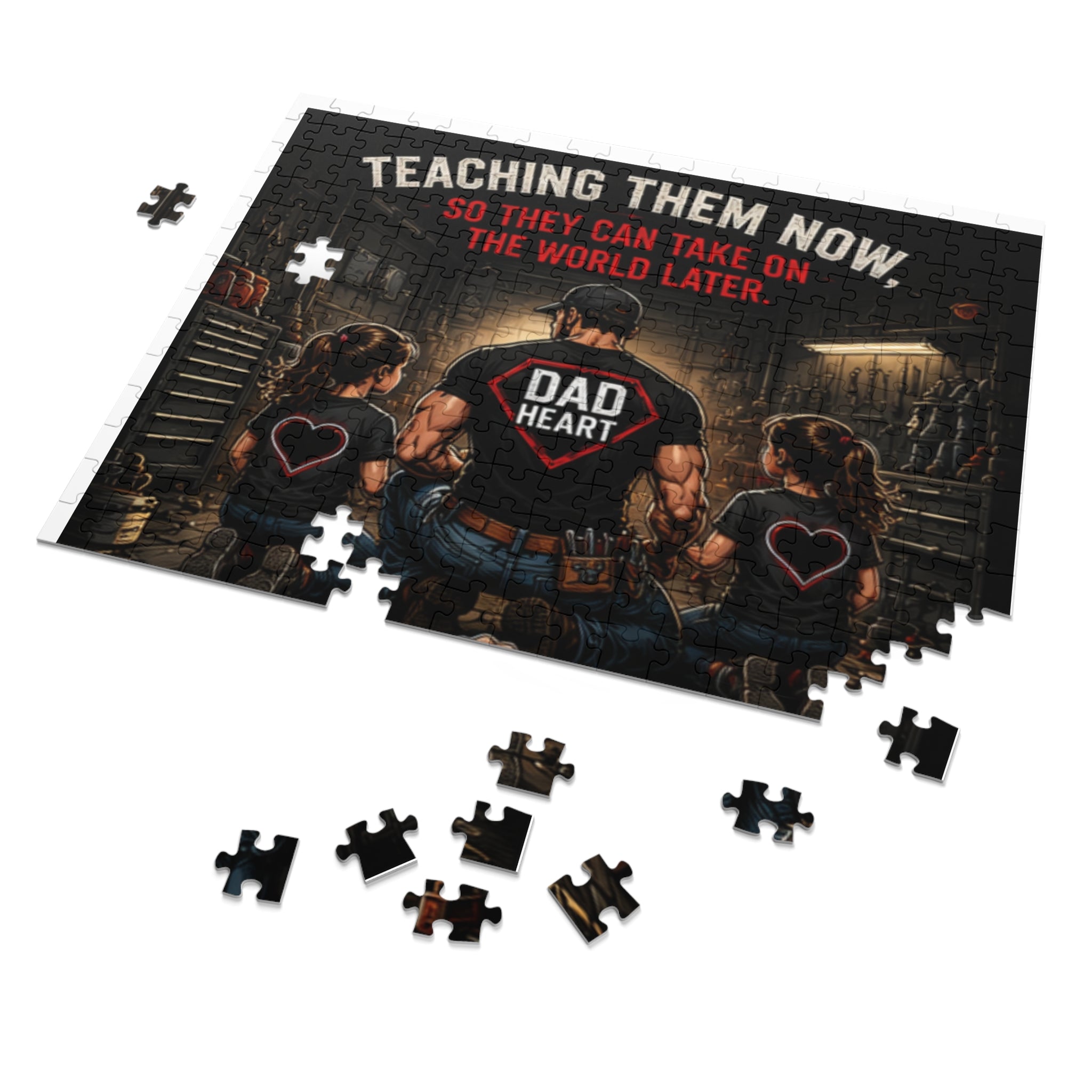 Dad Heart Jigsaw Puzzle with Tin — "Teaching Them Now, So They Can Take On The World Later" Gift