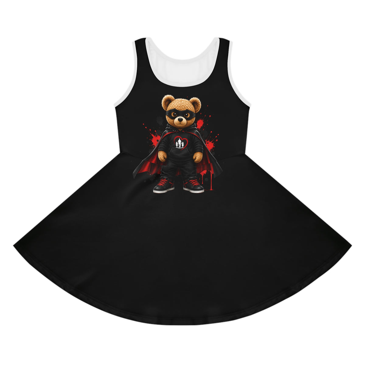 Daddy's Girl Bear Sundress — Girls' Black Sleeveless Dress with Superhero Teddy Design
