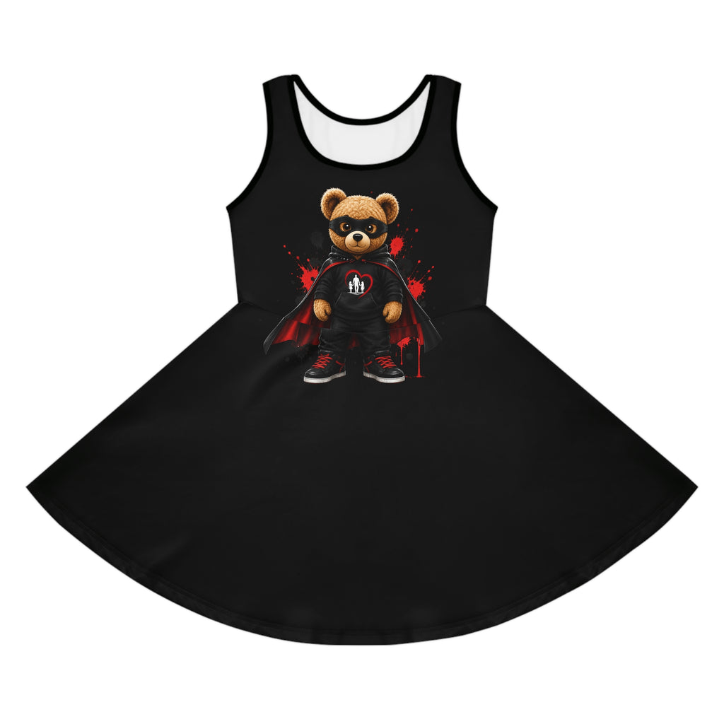 Daddy's Girl Bear Sundress — Girls' Black Sleeveless Dress with Superhero Teddy Design