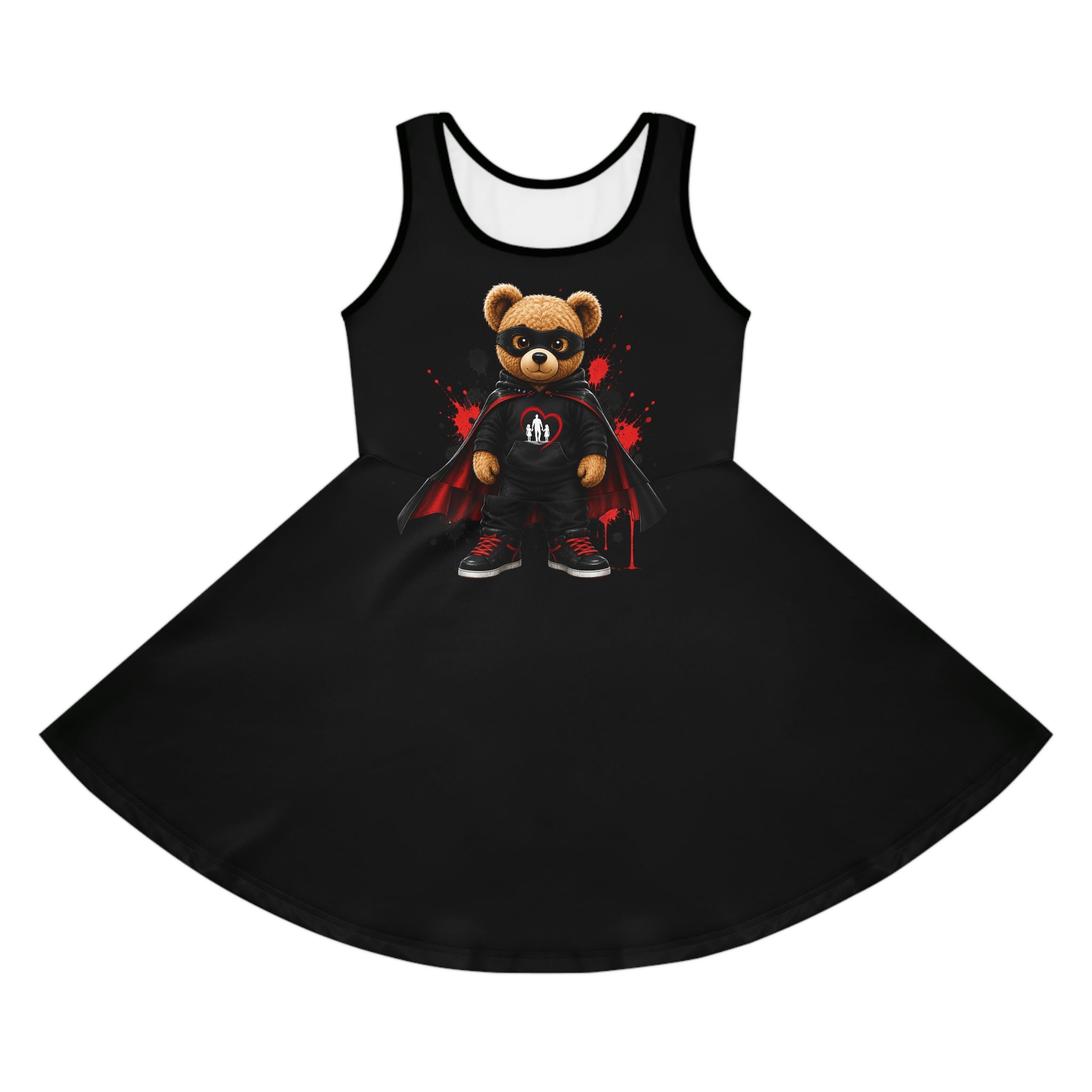 Daddy's Girl Bear Sundress — Girls' Black Sleeveless Dress with Superhero Teddy Design