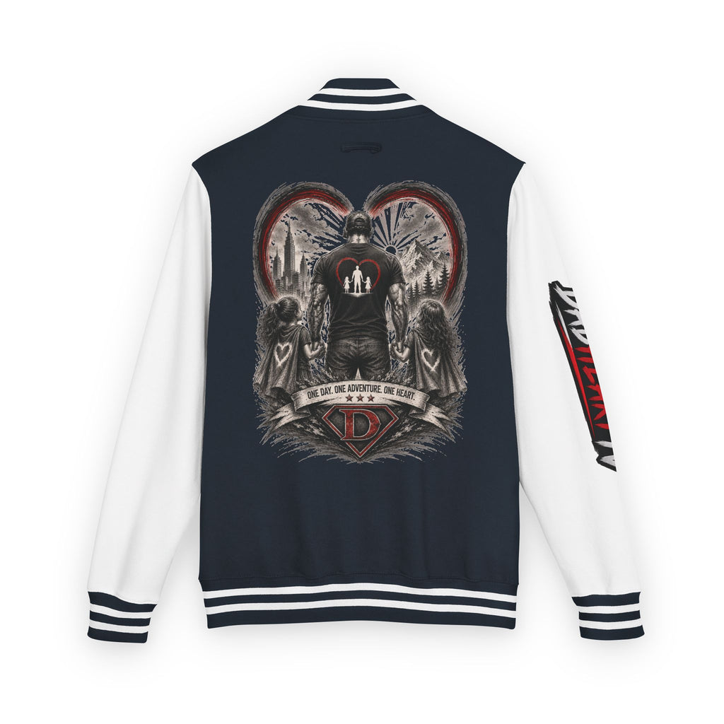 Letterman Jacket — 'Dad' Retro Heart Emblem & Gothic Family Crest Back Design