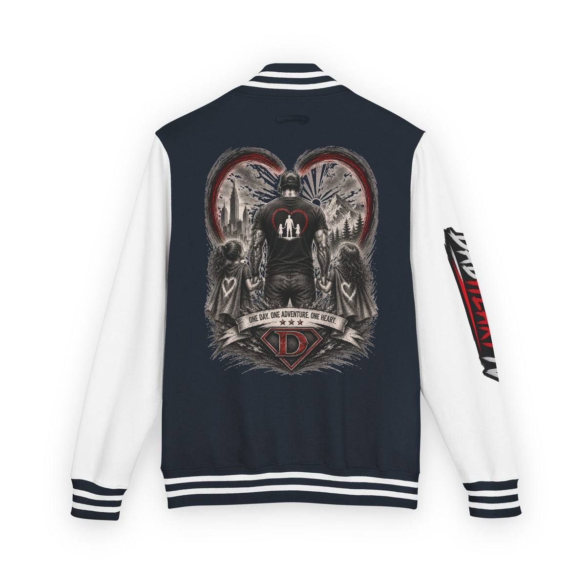 Letterman Jacket — 'Dad' Retro Heart Emblem & Gothic Family Crest Back Design