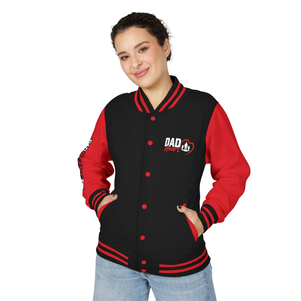 Letterman Jacket — 'Dad' Retro Heart Emblem & Gothic Family Crest Back Design