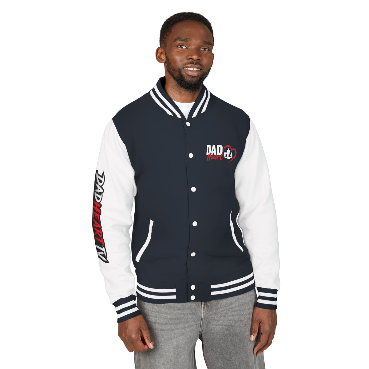 Letterman Jacket — 'Dad' Retro Heart Emblem & Gothic Family Crest Back Design