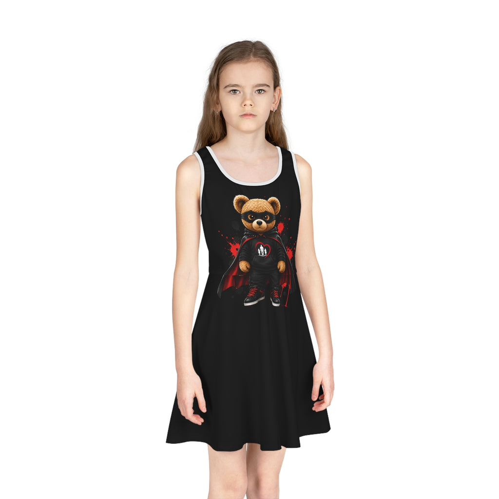 Daddy's Girl Bear Sundress — Girls' Black Sleeveless Dress with Superhero Teddy Design