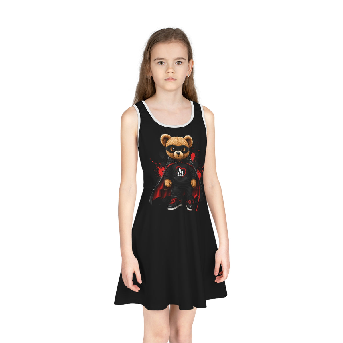 Daddy's Girl Bear Sundress — Girls' Black Sleeveless Dress with Superhero Teddy Design