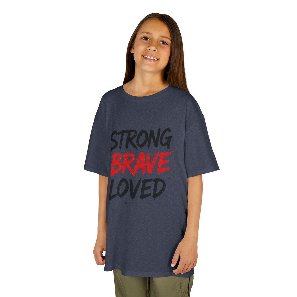 Kids Tee — "Strong Brave Loved" Front & "Future Legend" Superhero Back