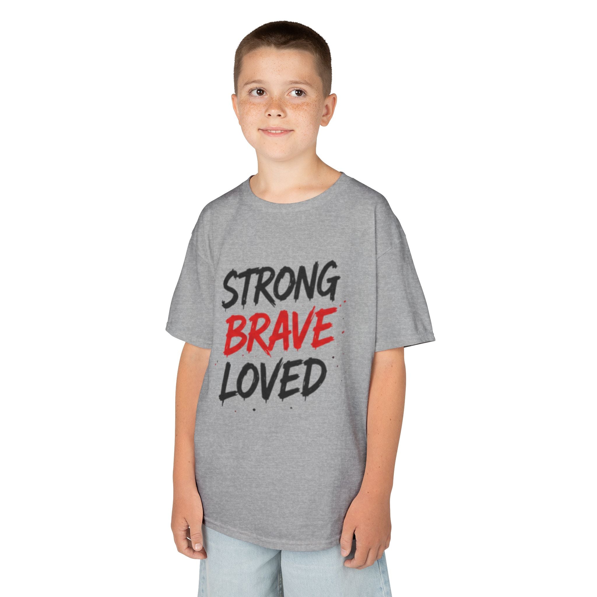 Kids Tee — "Strong Brave Loved" Front & "Future Legend" Superhero Back