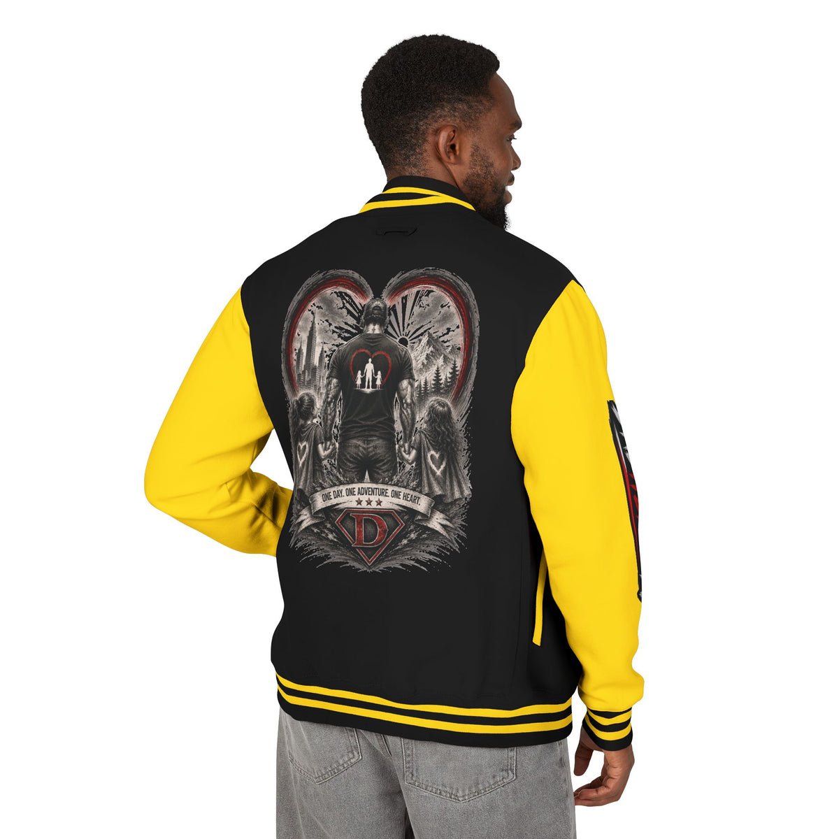 Letterman Jacket — 'Dad' Retro Heart Emblem & Gothic Family Crest Back Design
