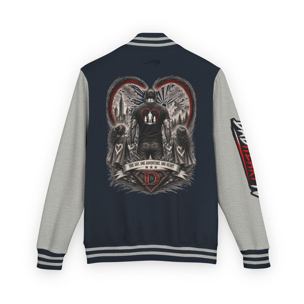 Letterman Jacket — 'Dad' Retro Heart Emblem & Gothic Family Crest Back Design