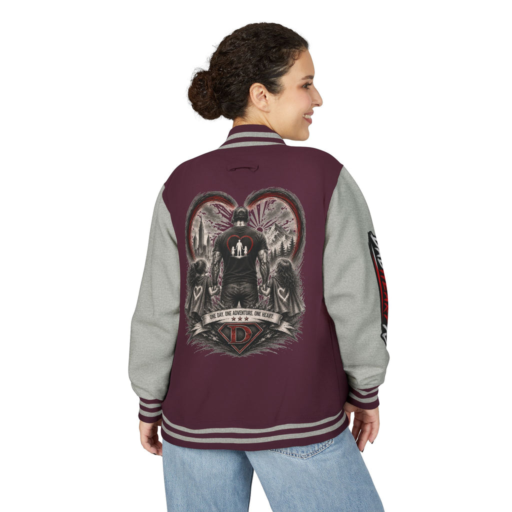 Letterman Jacket — 'Dad' Retro Heart Emblem & Gothic Family Crest Back Design
