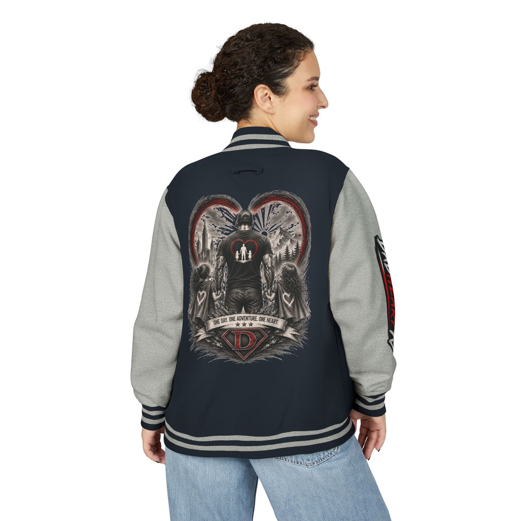 Letterman Jacket — 'Dad' Retro Heart Emblem & Gothic Family Crest Back Design