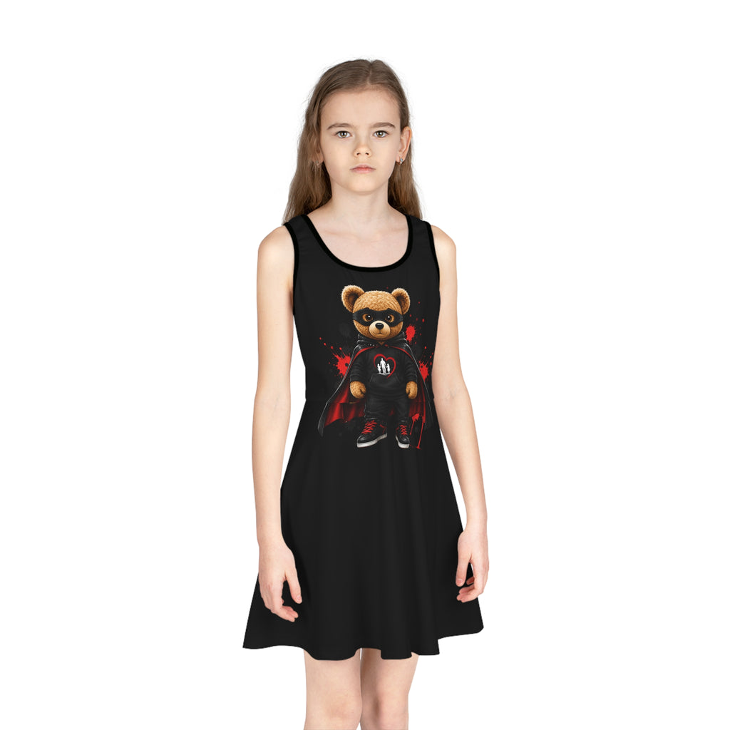 Daddy's Girl Bear Sundress — Girls' Black Sleeveless Dress with Superhero Teddy Design