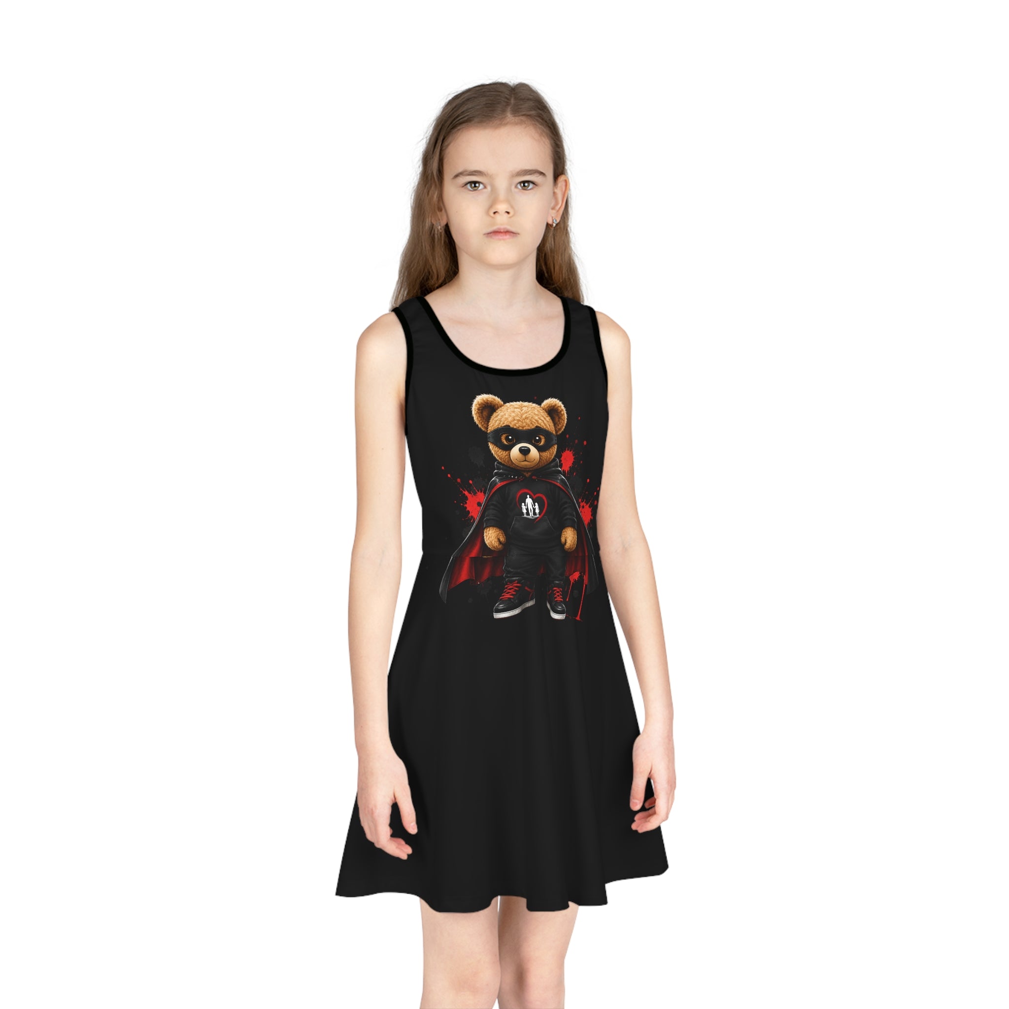 Daddy's Girl Bear Sundress — Girls' Black Sleeveless Dress with Superhero Teddy Design