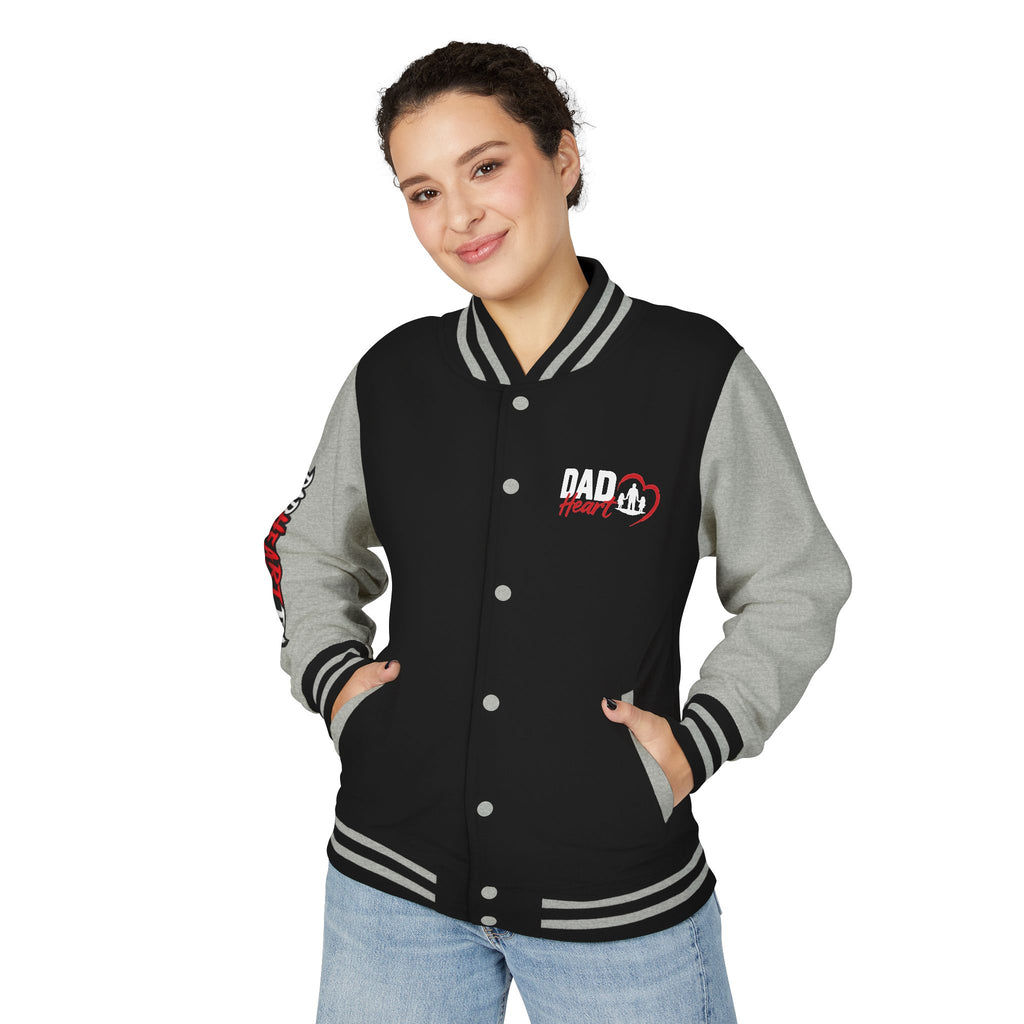 Letterman Jacket — 'Dad' Retro Heart Emblem & Gothic Family Crest Back Design