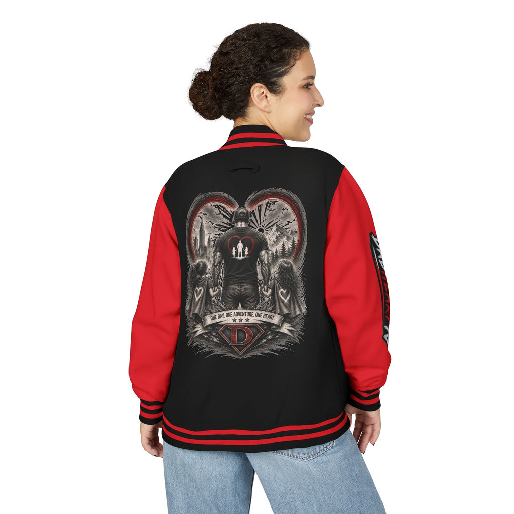 Letterman Jacket — 'Dad' Retro Heart Emblem & Gothic Family Crest Back Design