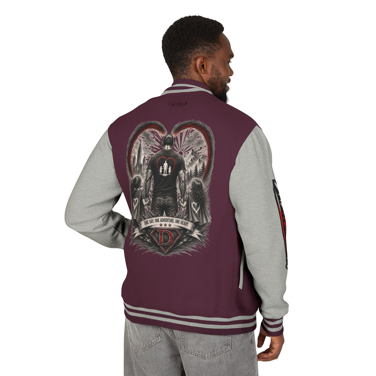 Letterman Jacket — 'Dad' Retro Heart Emblem & Gothic Family Crest Back Design