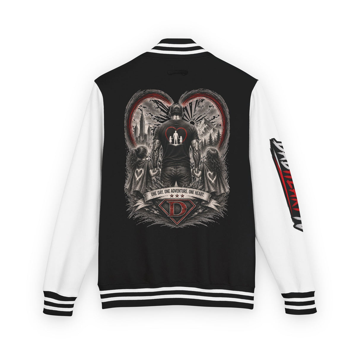 Letterman Jacket — 'Dad' Retro Heart Emblem & Gothic Family Crest Back Design