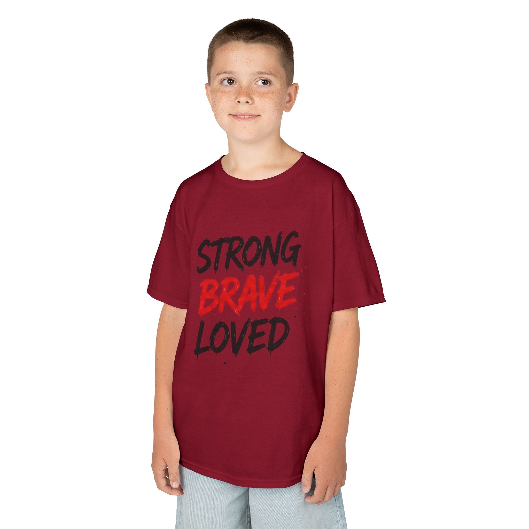 Kids Tee — "Strong Brave Loved" Front & "Future Legend" Superhero Back