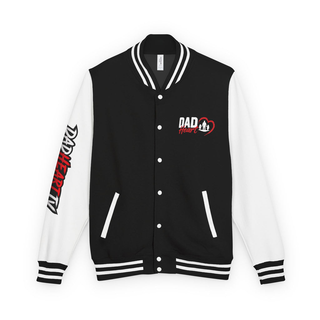 Letterman Jacket — 'Dad' Retro Heart Emblem & Gothic Family Crest Back Design