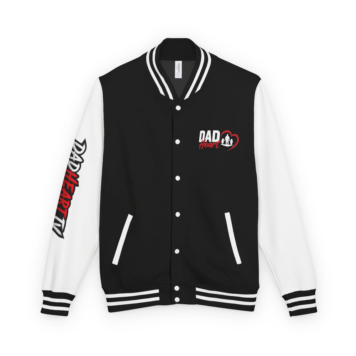 Letterman Jacket — 'Dad' Retro Heart Emblem & Gothic Family Crest Back Design