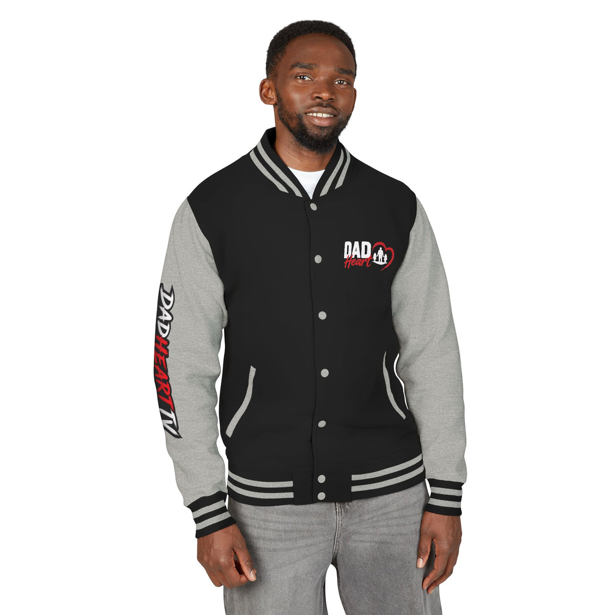 Letterman Jacket — 'Dad' Retro Heart Emblem & Gothic Family Crest Back Design