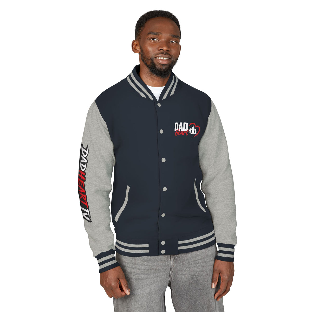 Letterman Jacket — 'Dad' Retro Heart Emblem & Gothic Family Crest Back Design