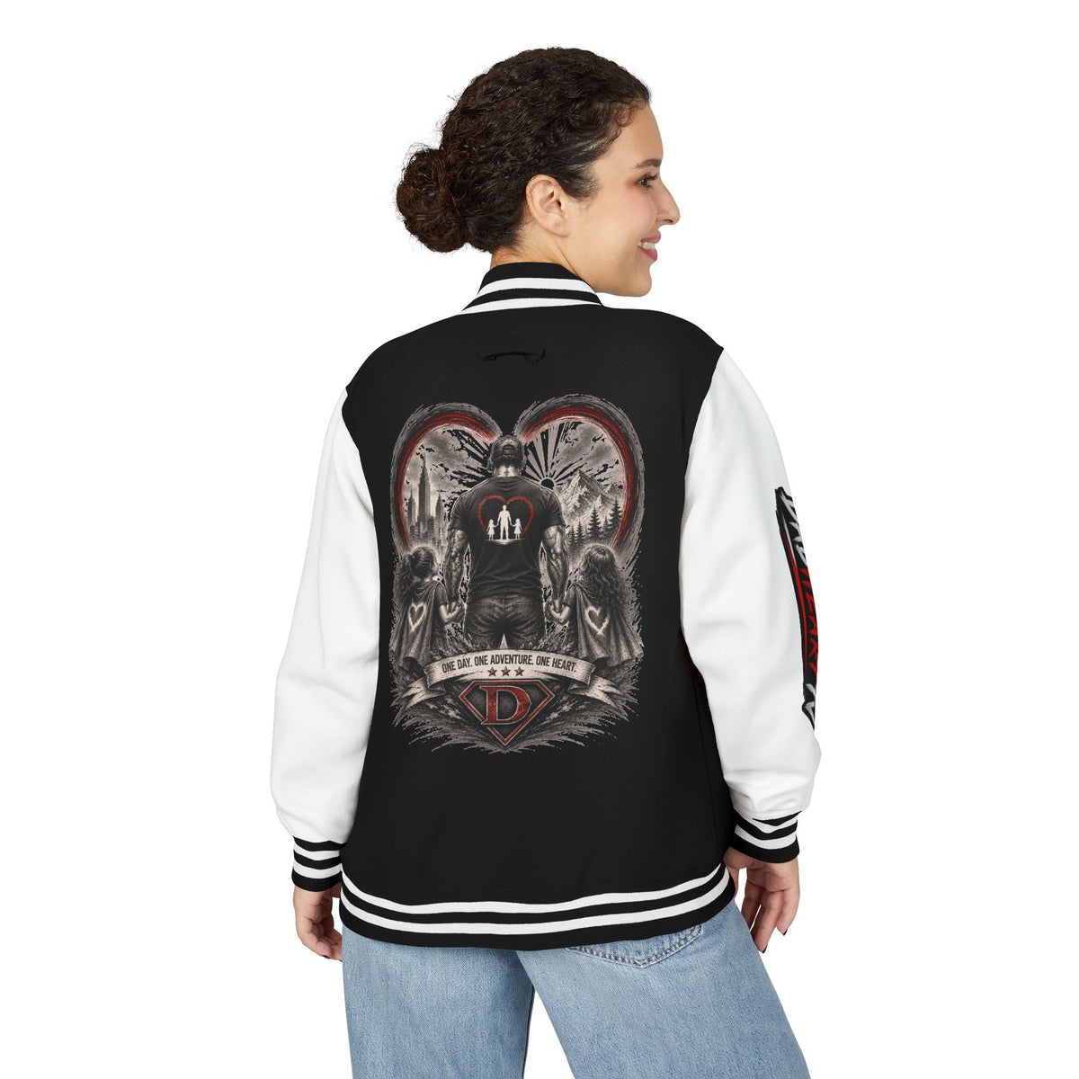 Letterman Jacket — 'Dad' Retro Heart Emblem & Gothic Family Crest Back Design