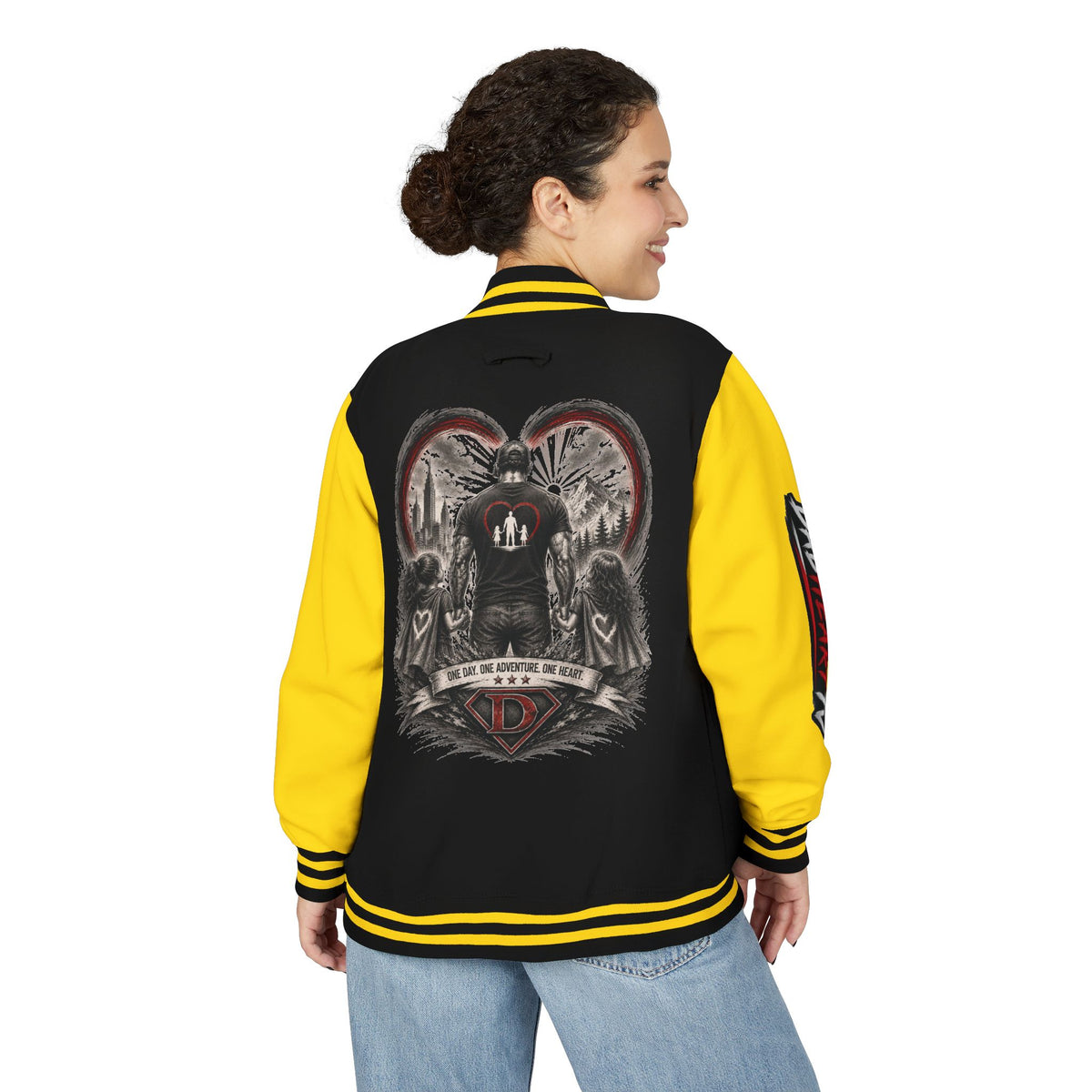 Letterman Jacket — 'Dad' Retro Heart Emblem & Gothic Family Crest Back Design