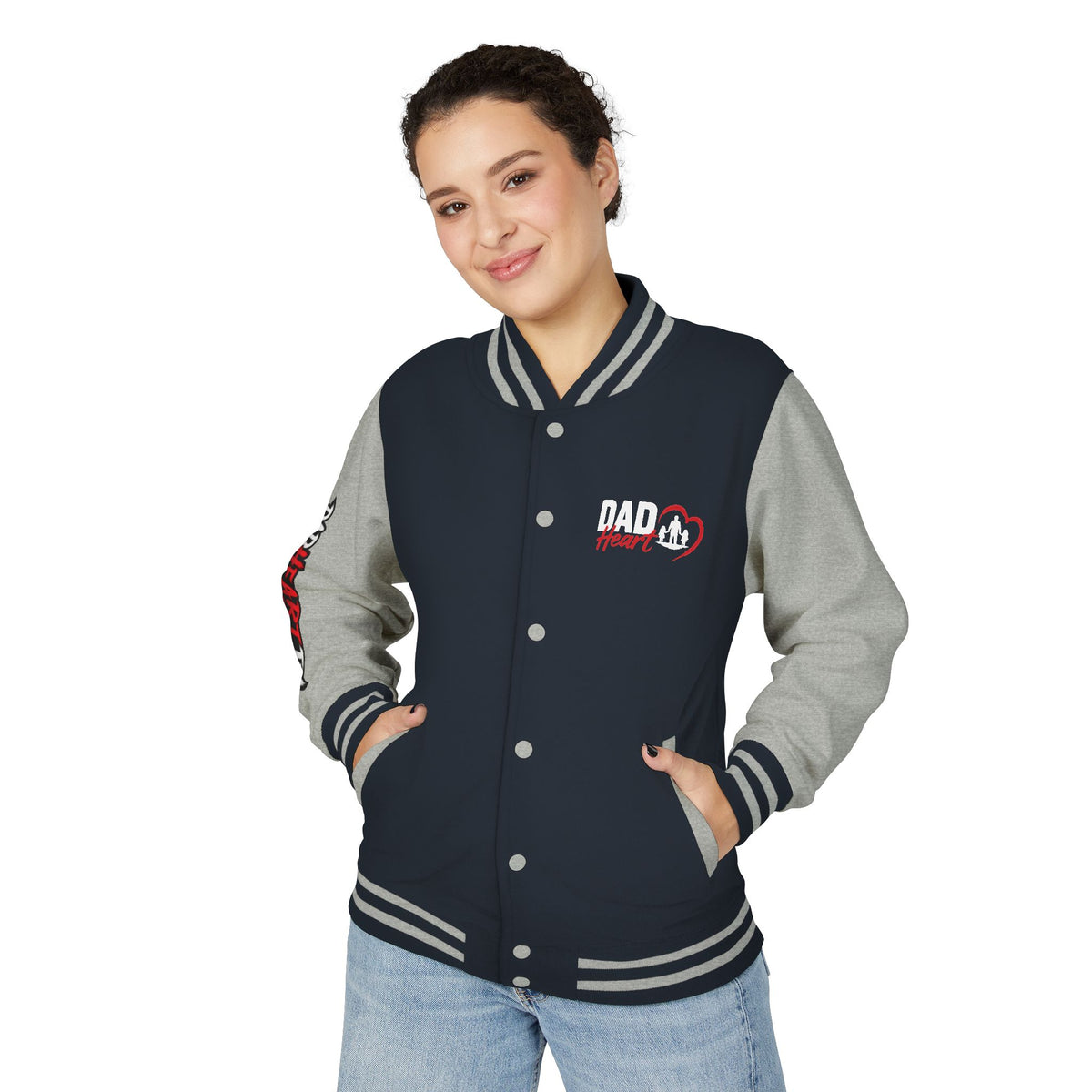 Letterman Jacket — 'Dad' Retro Heart Emblem & Gothic Family Crest Back Design