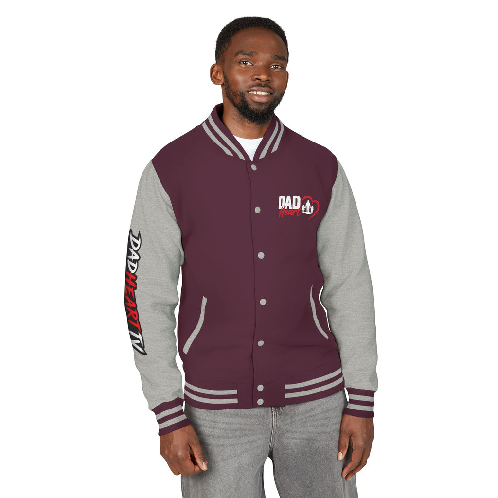 Letterman Jacket — 'Dad' Retro Heart Emblem & Gothic Family Crest Back Design