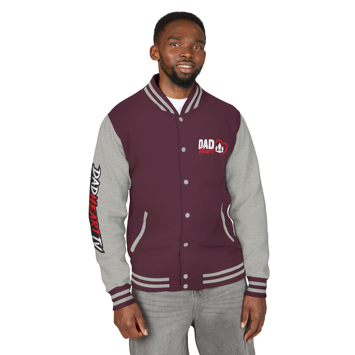 Letterman Jacket — 'Dad' Retro Heart Emblem & Gothic Family Crest Back Design