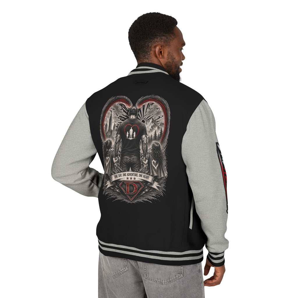 Letterman Jacket — 'Dad' Retro Heart Emblem & Gothic Family Crest Back Design