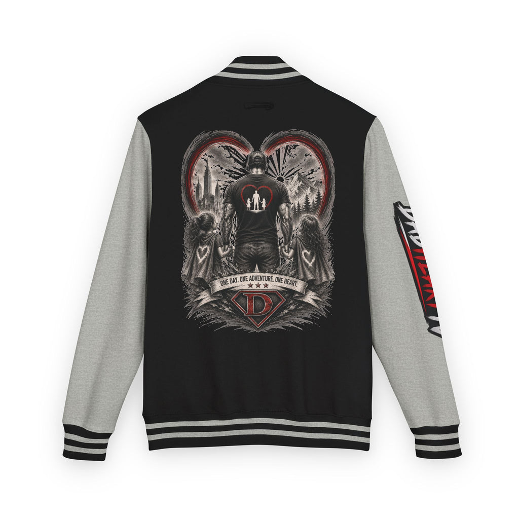 Letterman Jacket — 'Dad' Retro Heart Emblem & Gothic Family Crest Back Design
