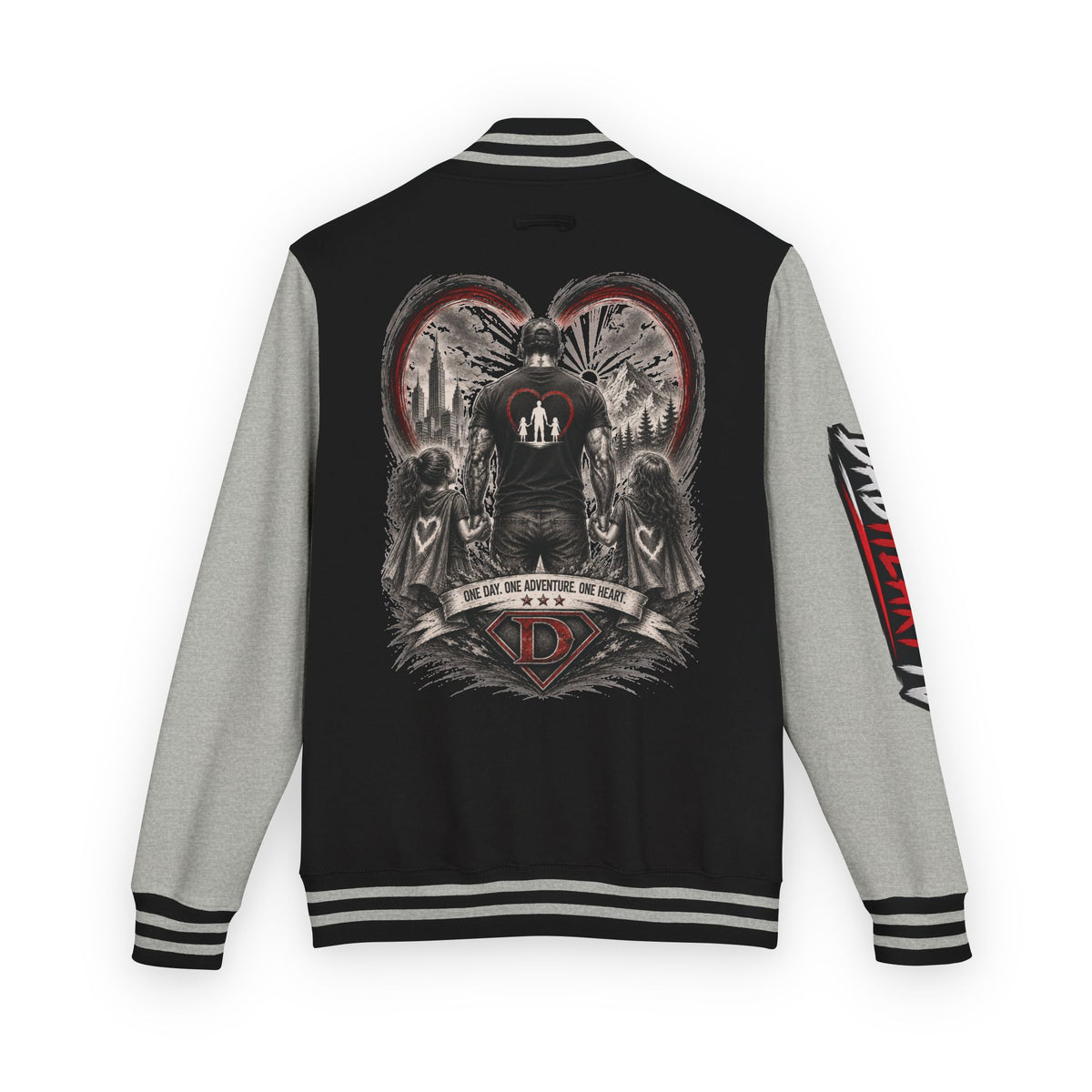 Letterman Jacket — 'Dad' Retro Heart Emblem & Gothic Family Crest Back Design