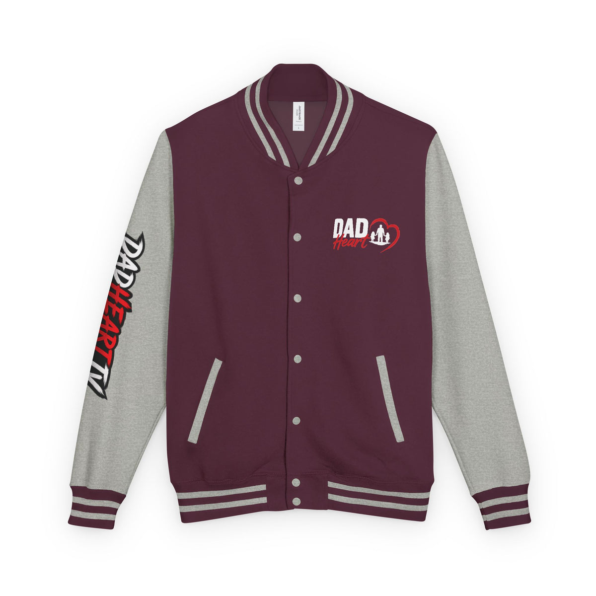 Letterman Jacket — 'Dad' Retro Heart Emblem & Gothic Family Crest Back Design