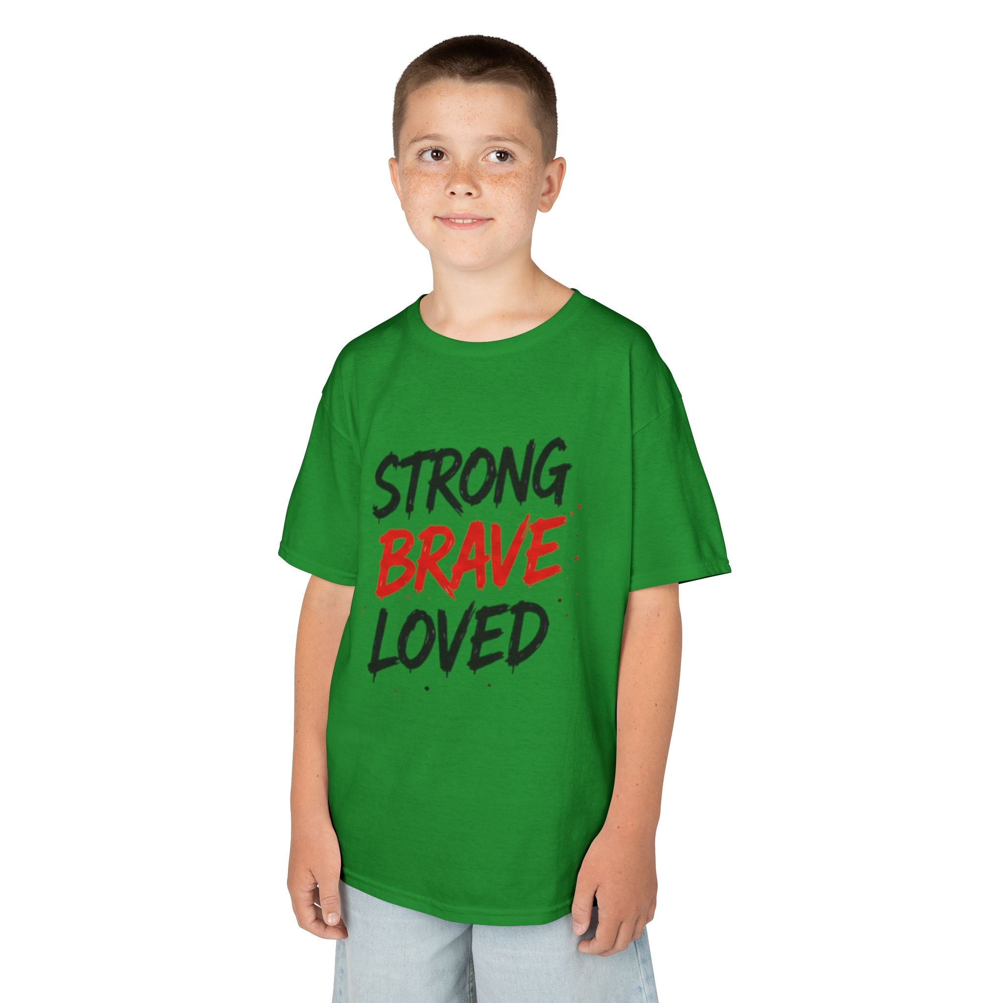 Kids Tee — "Strong Brave Loved" Front & "Future Legend" Superhero Back